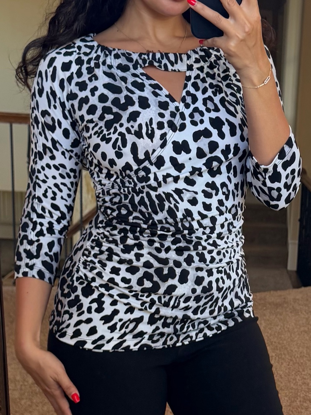 Cache Black and White Leopard-Print Long Sleeve Top with Keyhole